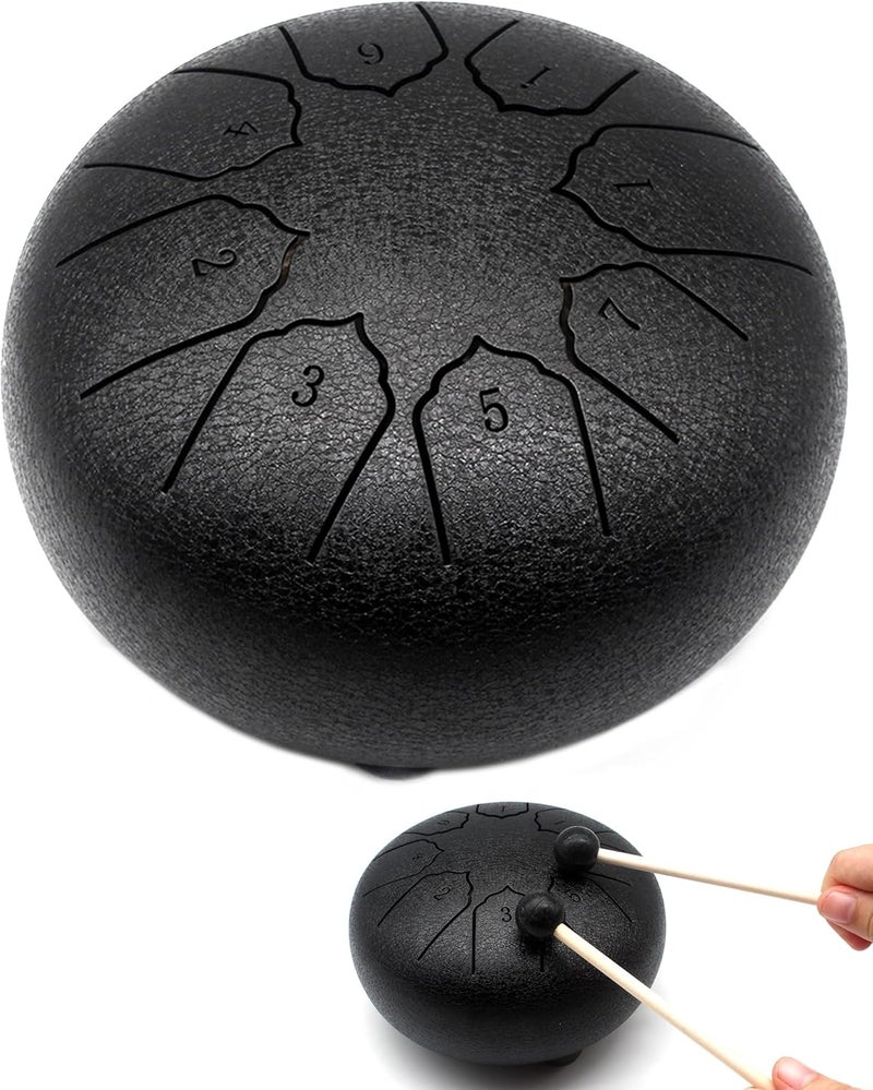 Anvin Steel Tongue Drum 6 Inch 8 Notes Metal Hand Drum with Drum Mallets Music Book Rain Drum Sound Healing Instruments for Meditation Yoga Zen Entertainment Gifts(Black) - Image 1